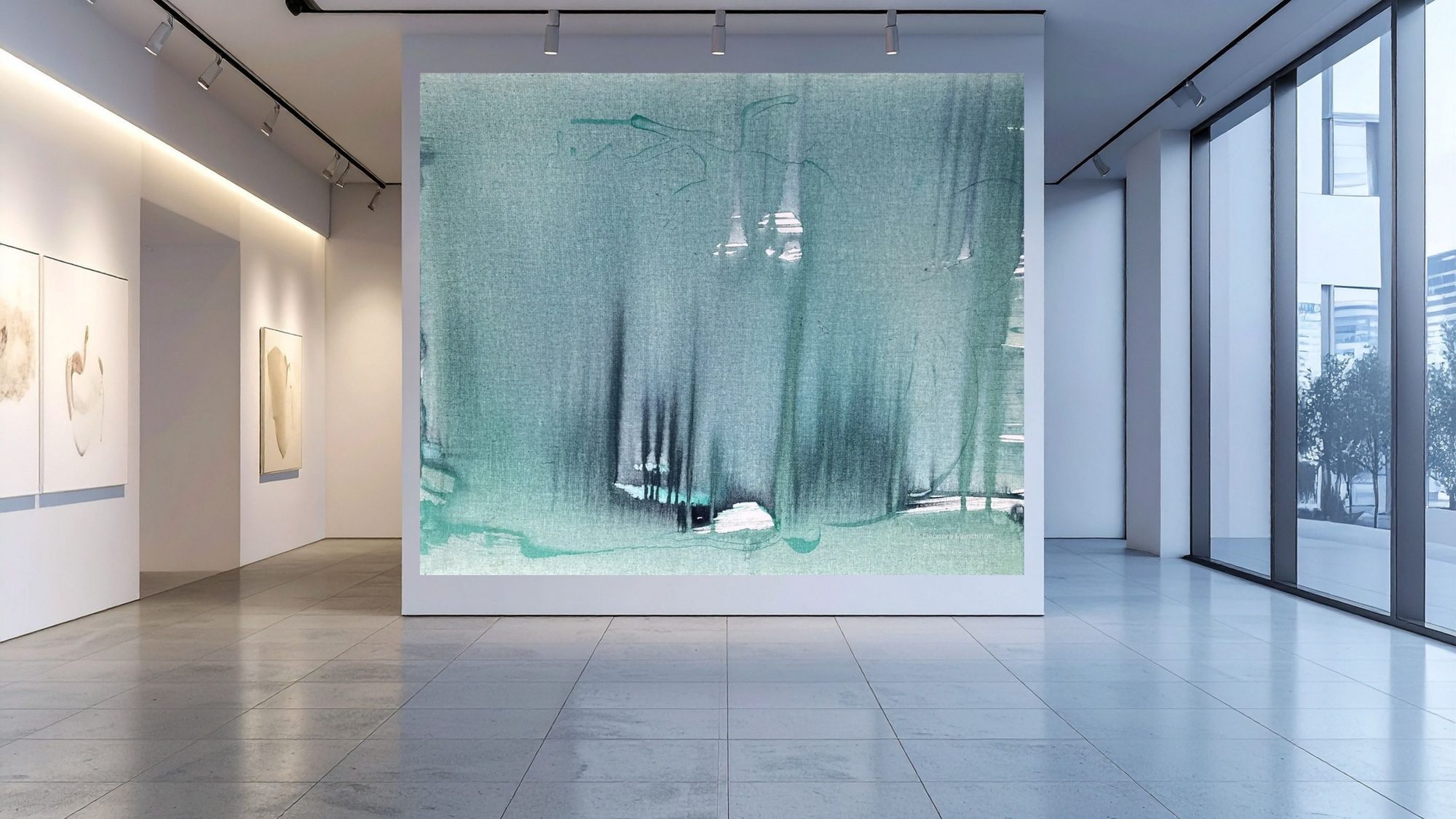 Übergroß dargestelltes Acrylgemälde SCHNEESEE-FRÜHES LICHT als Wandbild in einer modernen Raumansicht, Beispiel für XXL‑Kunstdruck