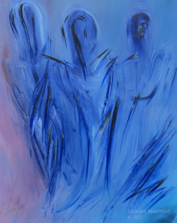 Abstrakte Malerei mit drei Figuren in blauem Raumgefüge und stiller Bewegungswirkung