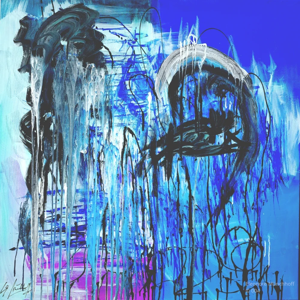 BLAUE DIVERGENZ Fine-Art-Druck einer farbintensiven abstrakten Malerei in Blau- und Grautönen in überwiegend vertikaler Linienführung