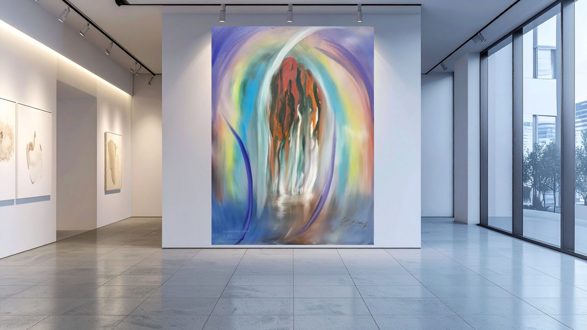 Raumansicht - ENTSTEHUNG Übergroß dargestelltes abstraktes Ölgemälde ENTSTEHUNG als Wandbild in einer modernen Raumansicht, Beispiel für XXL‑Kunstdruck