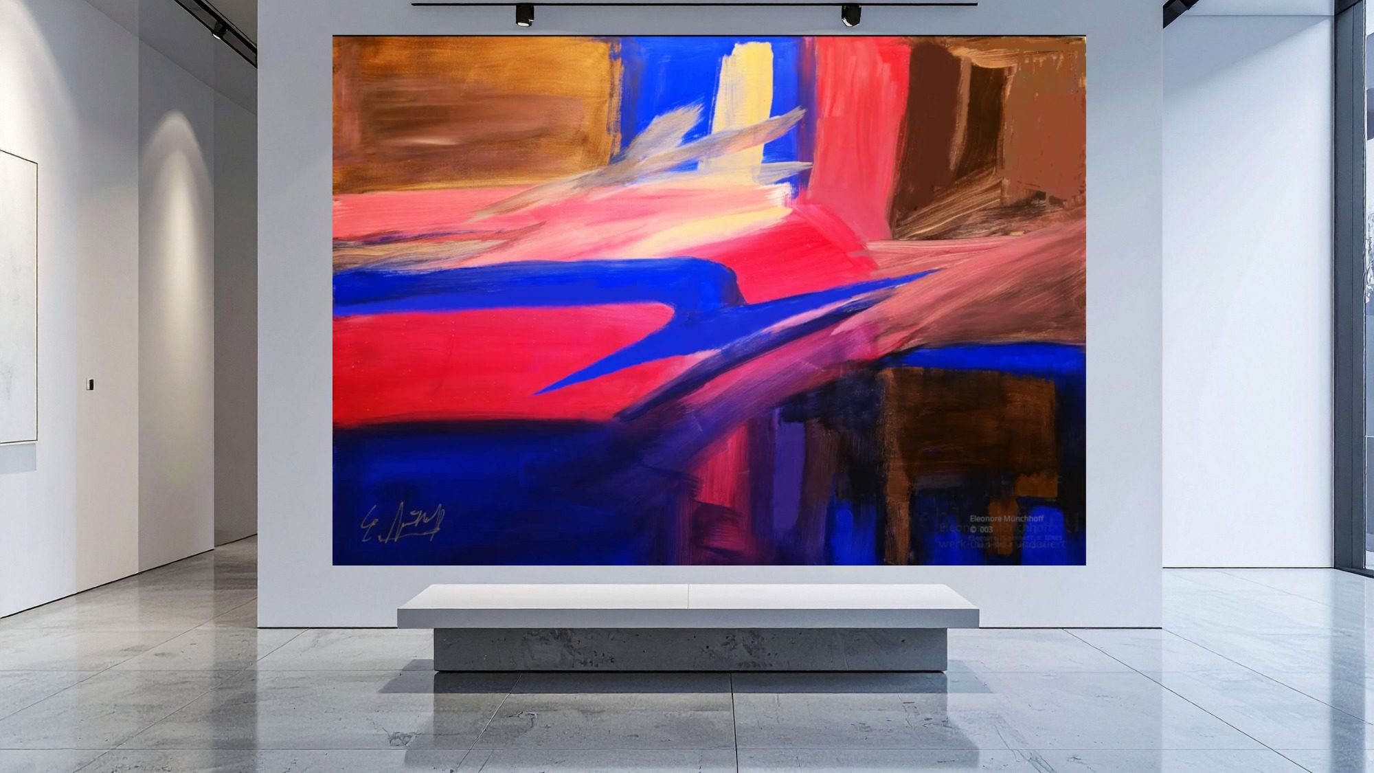 XXL‑Darstellung des abstrakten Acrylgemäldes TRANSVERSALE  RESONANZ  von Eleonore Münchhoff als Wandbild in einer modernen Raumansicht
