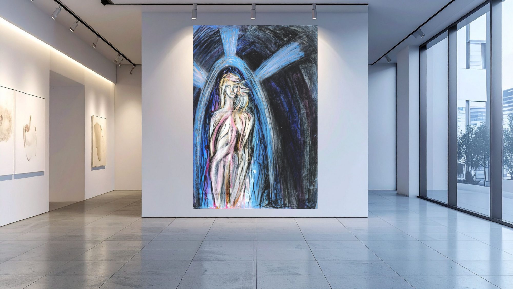 Raumansicht - DIE LICHTUMFLOSSENE Übergroß dargestelltes abstrakte Ölkreidemalerei DIE LICHTUMFLOSSEN als Wandbild in einer modernen Raumansicht, Beispiel für XXL‑Kunstdruck