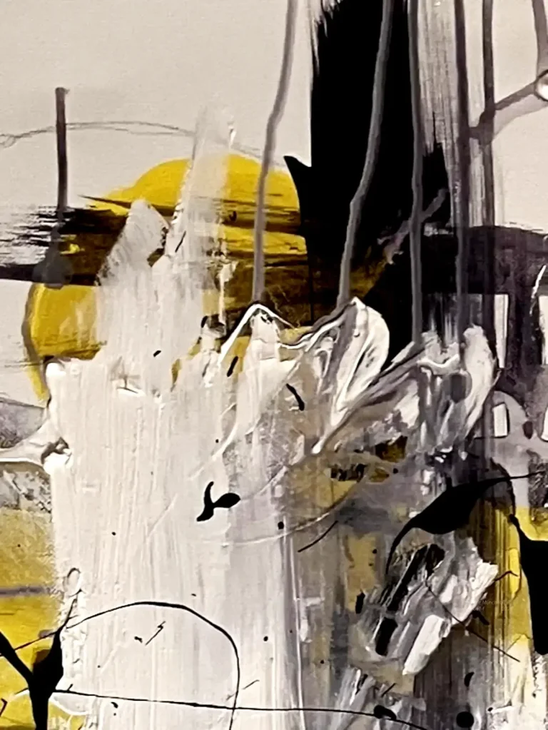 Zeitgenössische Acrylmalerei mit leuchtenden Flächen, gehalten von dunklen und hellen Spuren, die sich durch das Bild ziehen