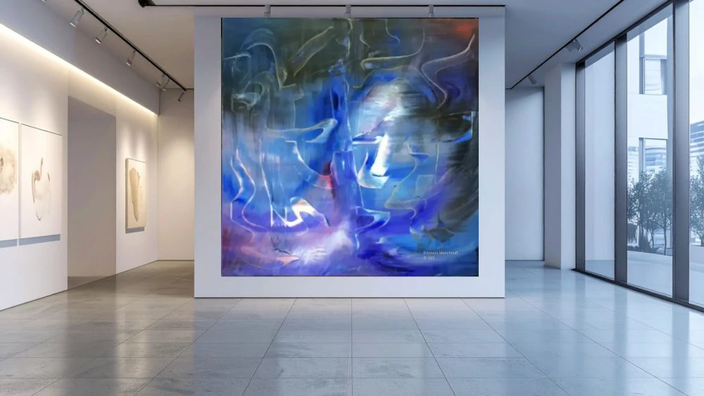 Raumansicht - LUFTZUG IN BLAU Übergroß dargestelltes abstraktes Ölgemälde LUFTZUG IN BLAU als Wandbild in einer modernen Raumansicht, Beispiel für XXL‑Kunstdruck