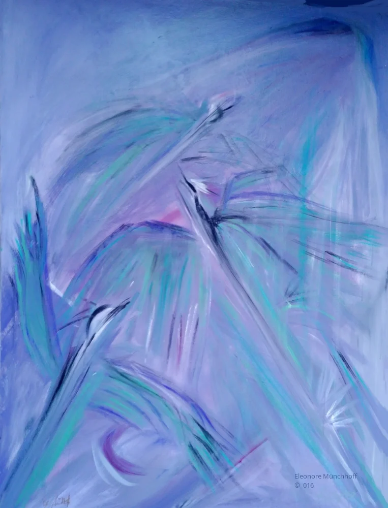 Zeitgenössische Malerei mit schwingenden Linien, die an einen Vogelflug erinnen können, in Blau-Violett