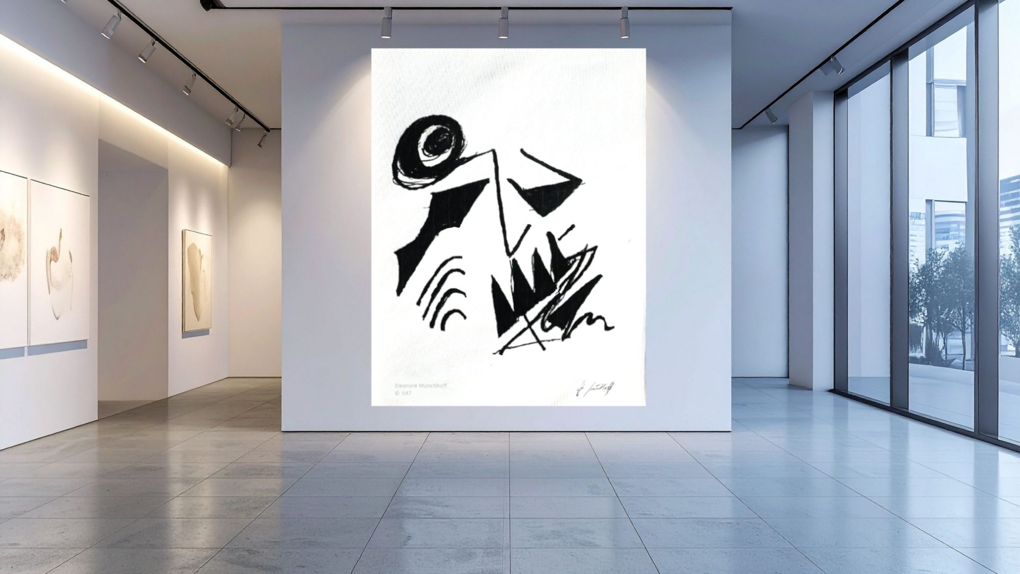 Raumansicht - NAVIGATION OHNE KARTE XXL‑Darstellung der abstrakten Schwarz‑Weiß‑Malerei NAVIGATION OHNE KARTE von Eleonore Münchhoff als Wandbild in einer modernen Raumansicht