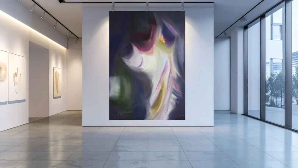 Raumansicht - IM SCHWEBEN DES LICHT Übergroß dargestelltes abstraktes Ölgemälde IM SCHWEBEN DES LICHTS als Wandbild in einer modernen Raumansicht, Beispiel für XXL‑Kunstdruck.