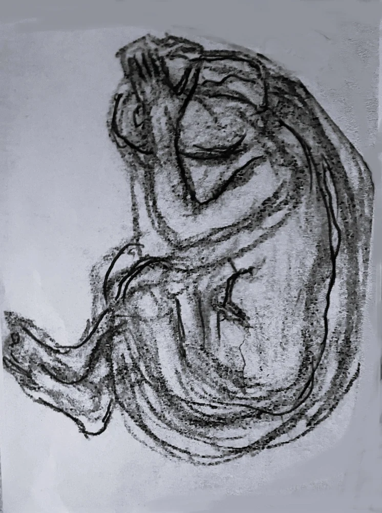 DIE BESTÜRZTE Figurativ abstrakte schwarz-graue Gestalt in einer Art Hocke mitgesunkenem Kopf zwischen stützenden Händen