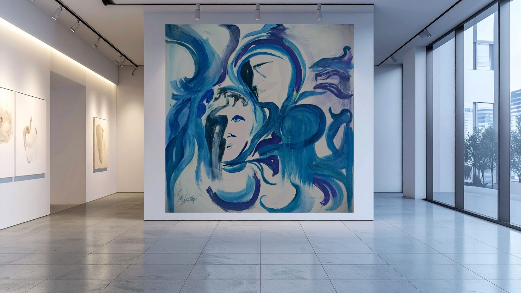 Raumansicht - DIE HELENINNEN Übergroß dargestelltes abstraktes Acrylgemälde DIE HELENINNEN als Wandbild in einer modernen Raumansicht, Beispiel für XXL‑Kunstdruck