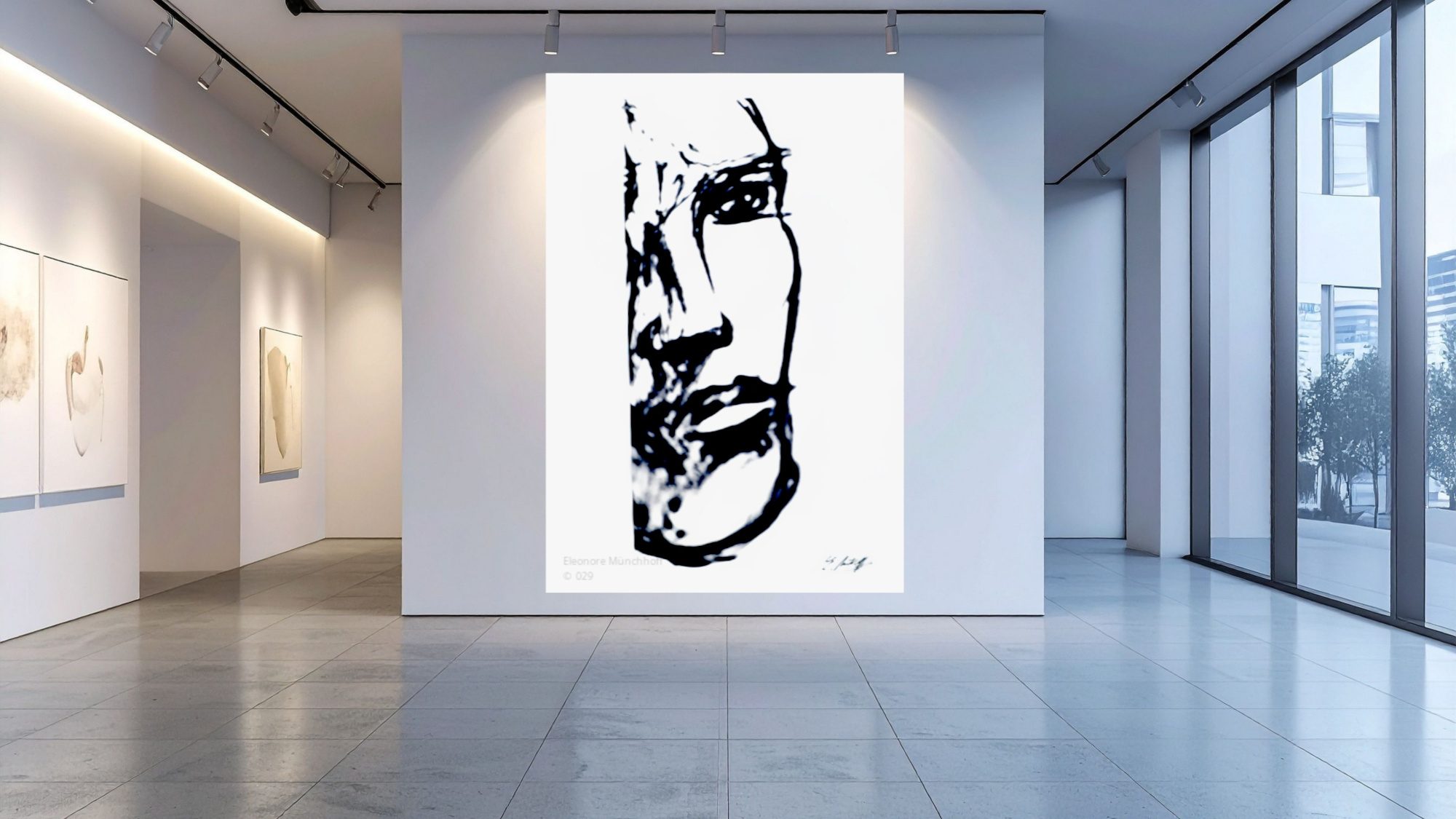 Raumansicht - NUR EIN GESICHT XXL‑Kunstdruck‑Darstellung der abstrakten Schwarz‑Weiß‑Malerei NUR EIN GESICHT als Wandbild in einer modernen Raumansicht