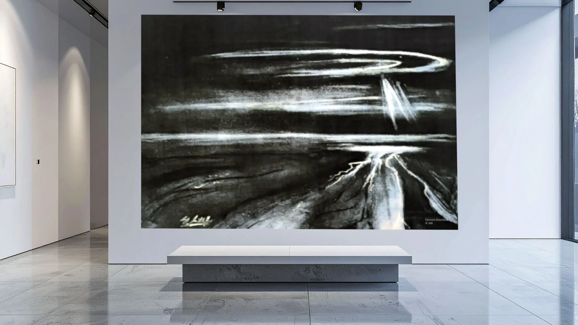 Raumansicht - WEGE DES lICHTS XXL‑Darstellung eines abstrakten Pastellgemäldes WEGE DES LICHTS in Schwarz-Weiß als Wandbild in einer modernen Raumansicht