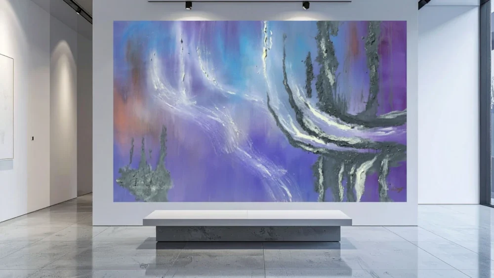 Übergroß dargestelltes abstraktes Ölgemälde AURORA DER STILLE als Wandbild in einer modernen Raumansicht, Beispiel für XXL‑Kunstdruck