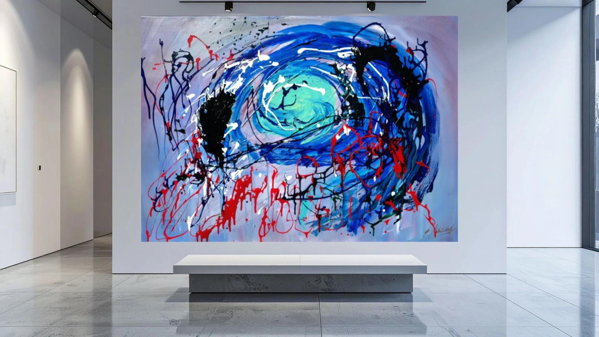 Raumansicht - JENSEITS DER OBERFLÄCHE Übergroß dargestelltes abstraktes Ölgemälde JENSEITS DER OBERFLÄCHE als Wandbild in einer modernen Raumansicht, Beispiel für XXL‑Kunstdruck