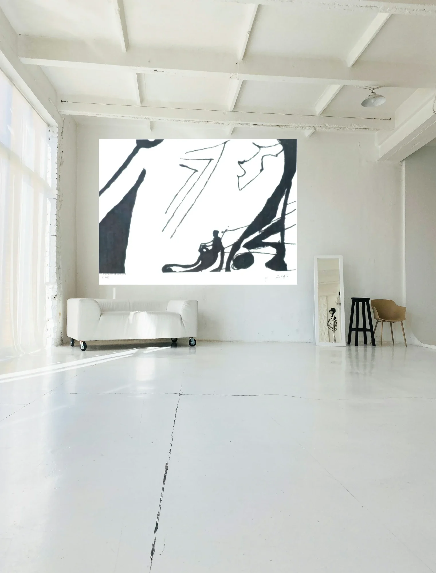 Raumansicht - NERO IM BAD 1 XXL‑Darstellung der abstrakten Schwarz‑Weiß‑Malerei NERO IM BAD 1 von Eleonore Münchhoff als Wandbild in einer modernen Raumansicht