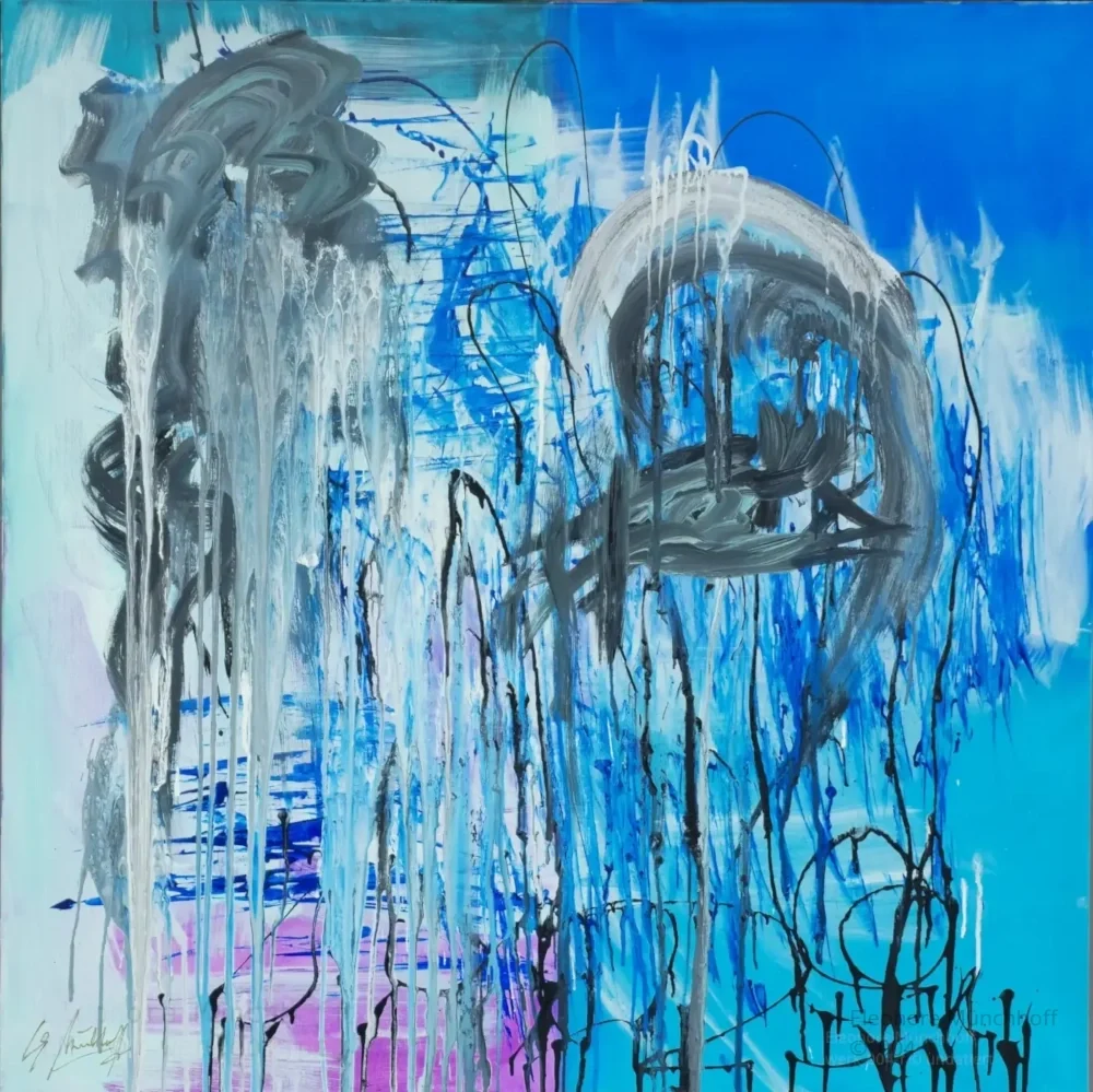 Fine-Art-Druck einer farbintensiven abstrakten Malerei in Blau- und Grautönen in überwiegend vertikaler Linienführung