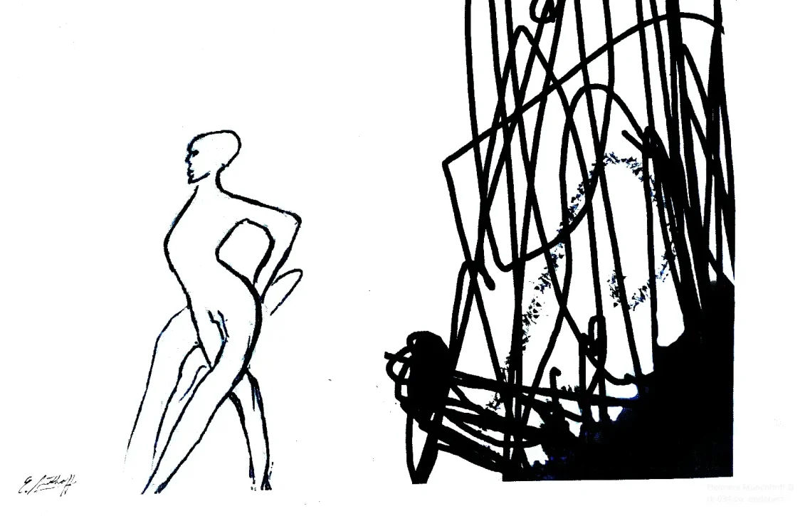Abstrakte Schwarz‑Weiß‑Malerei mit einer aufgerichteten Figur vor dunklen, gestrüppartigen Formen