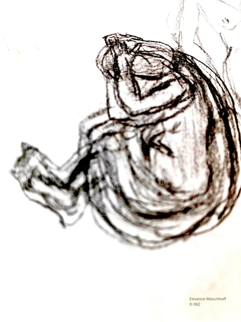 DIE BESTÜRZTE Figurativ abstrakte schwarz-graue Gestalt in einer Art Hocke mitgesunkenem Kopf zwischen stützenden Händen