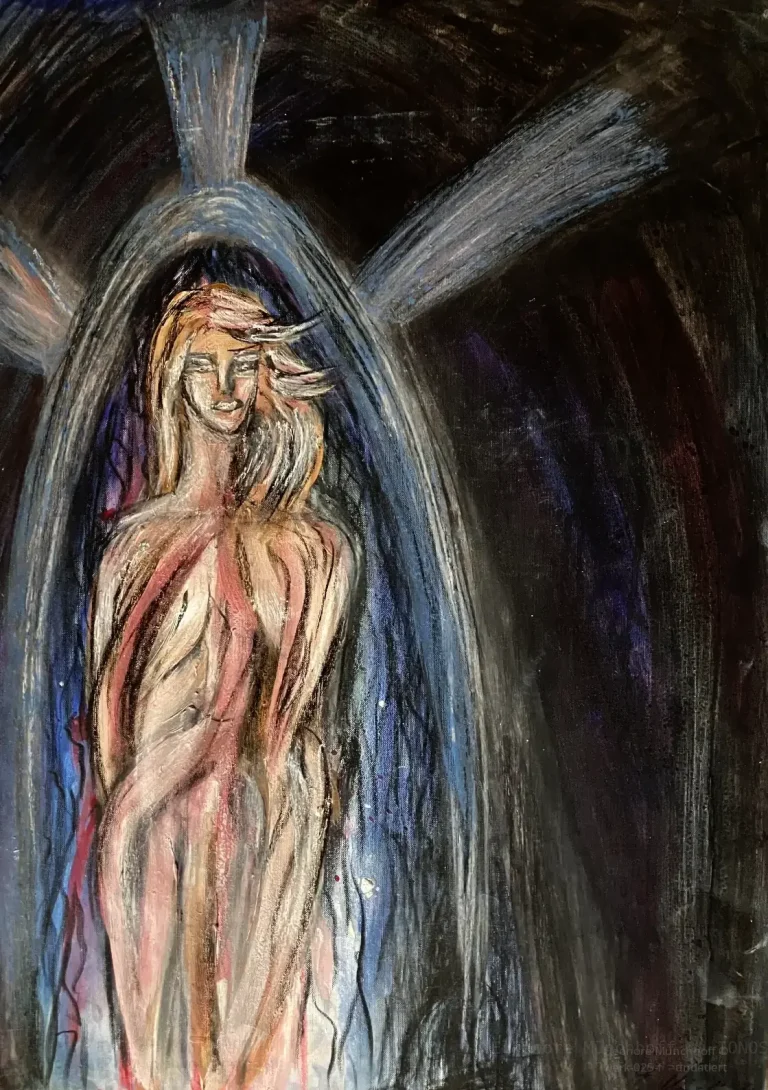 Abstrakte Pastellmalerei mit einer lichtumflossenen, menschlich wirkenden Figur