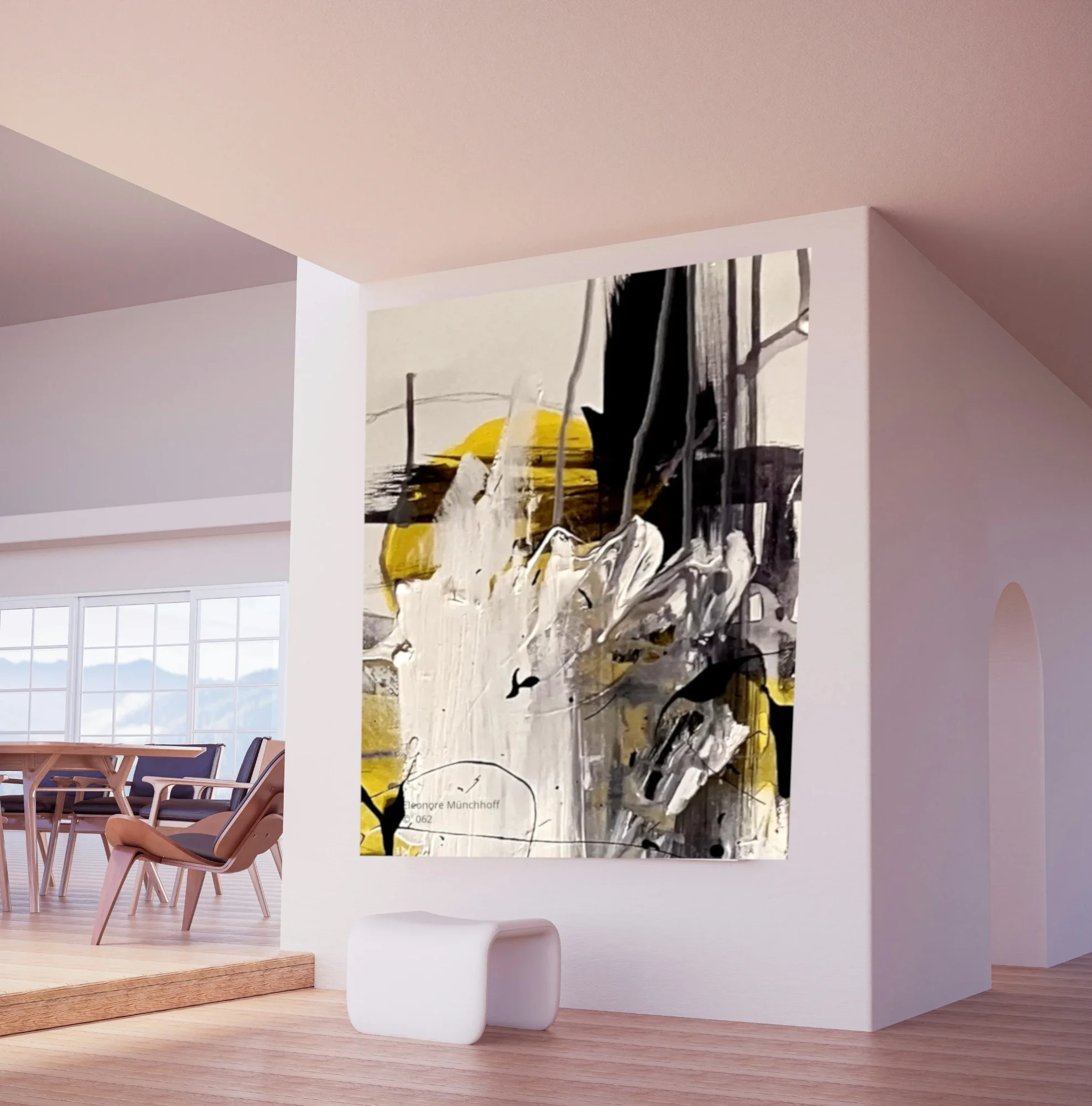Raumansicht - SCHWEBENDE ORDNUNG 2 Übergroß dargestelltes abstraktes Acrylgemälde SCHWEBENDE ORDNUNG 2 als Wandbild in einer modernen Raumansicht, Beispiel für XXL‑Kunstdruck