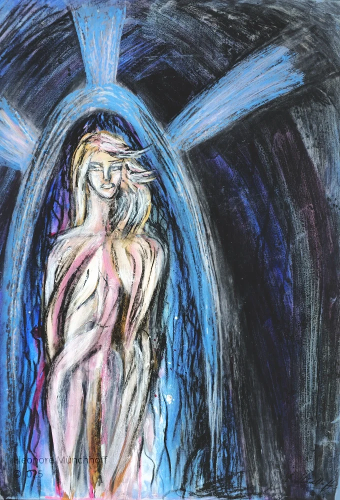 Abstrakte Pastellmalerei mit einer lichtumflossenen, menschlich wirkenden Figur