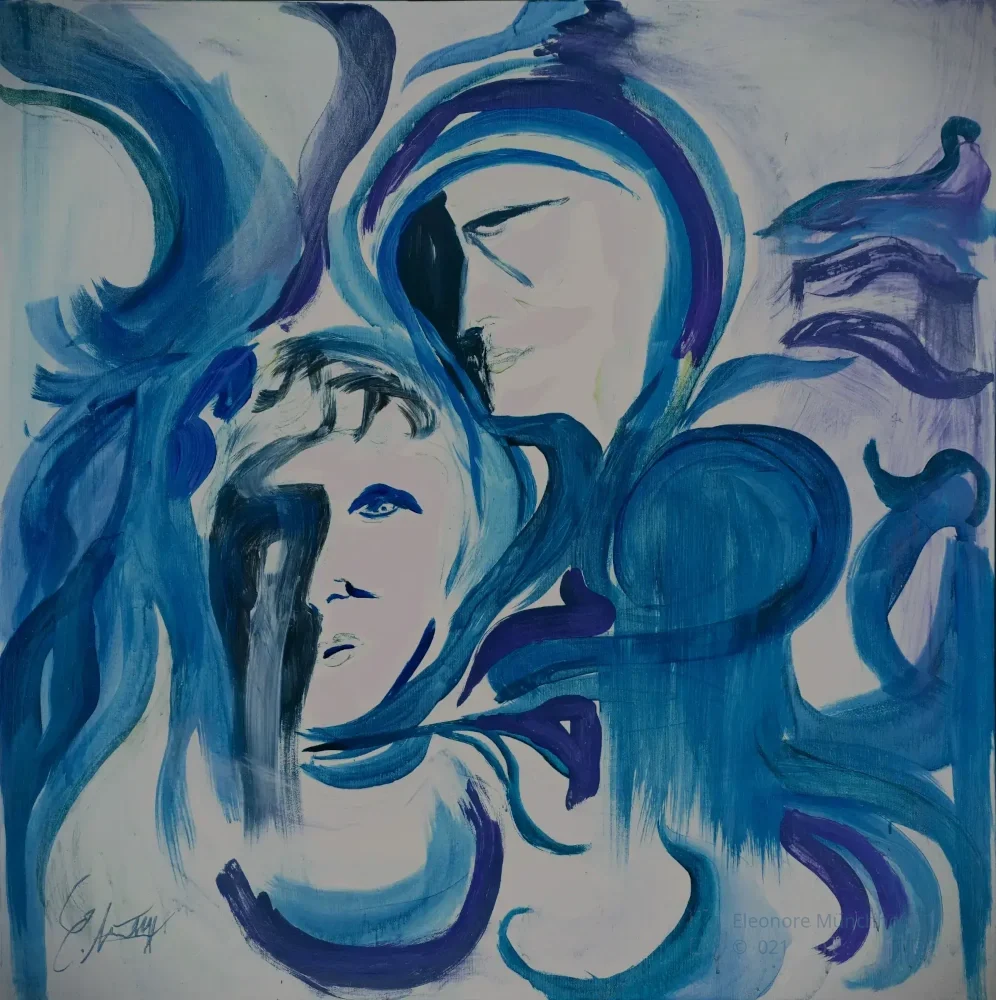 Fine-Art-Druck einer blau-violetten Malerei mit ineinander verwobenen Antlitzen und und schwebender attmosphärischer Präsenz
