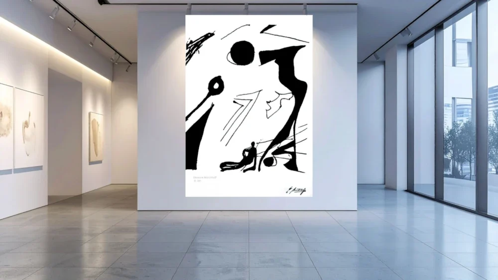Raumansicht - NERO IM BAD 2 XXL‑Darstellung der abstrakten Schwarz‑Weiß‑Malerei NERO IM BAD 2 von Eleonore Münchhoff als Wandbild in einer modernen Raumansicht