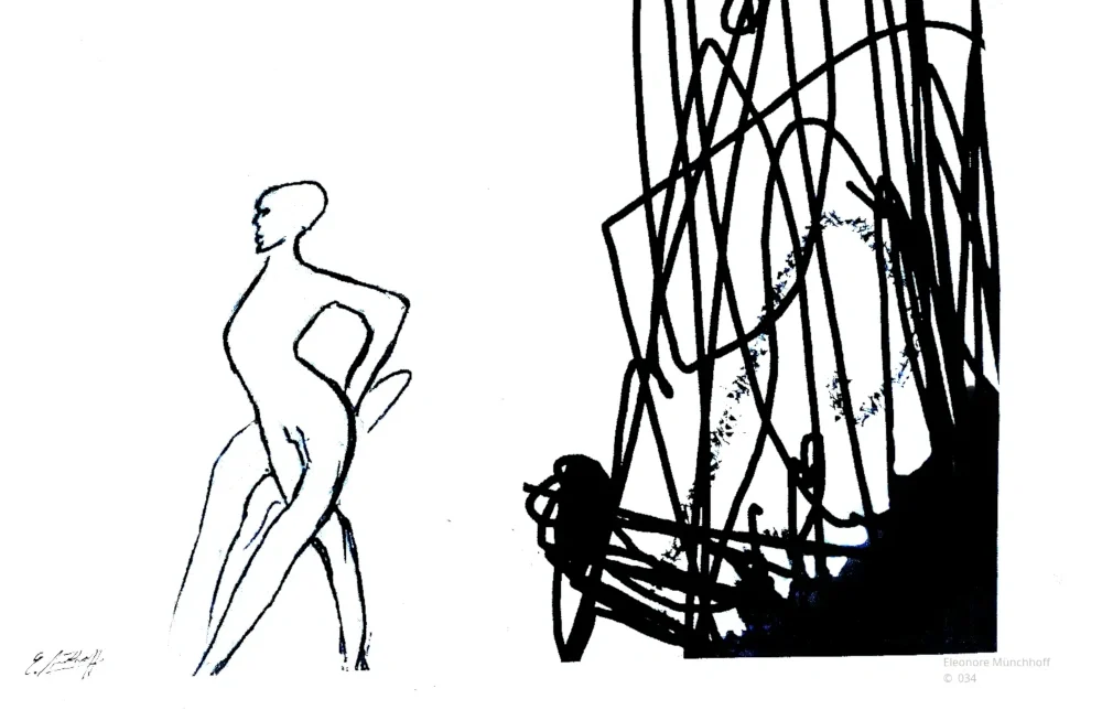 Abstrakte Schwarz‑Weiß‑Malerei mit einer aufgerichteten Figur vor dunklen, gestrüppartigen Formen