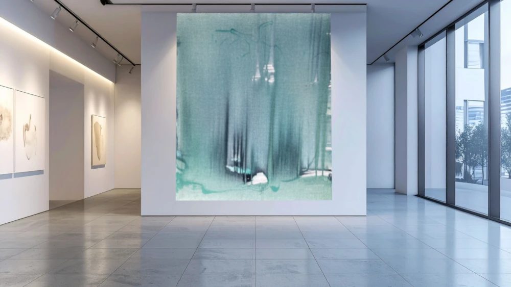 Vertikale abstrakte Acrylmalerei in Lindgrün mit der Anmutung frühen Lichts