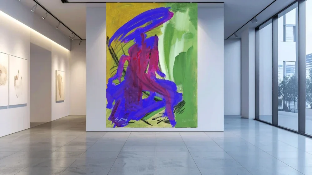 Raumansicht - SPANISCHER REITER Übergroß dargestelltes abstraktes Ölgemälde SPANISCHER REITER als Wandbild in einer modernen Raumansicht, Beispiel für XXL‑Kunstdruck