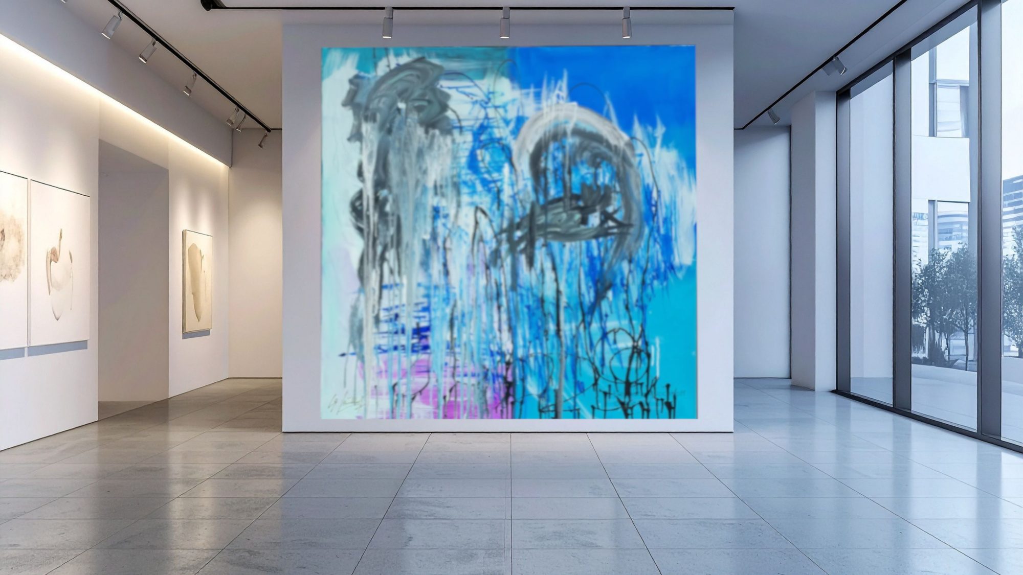 Übergroß dargestelltes abstraktes Acrylgemälde BLAUE DIVERGENZ als Wandbild in einer modernen Raumansicht, Beispiel für XXL‑Kunstdruck