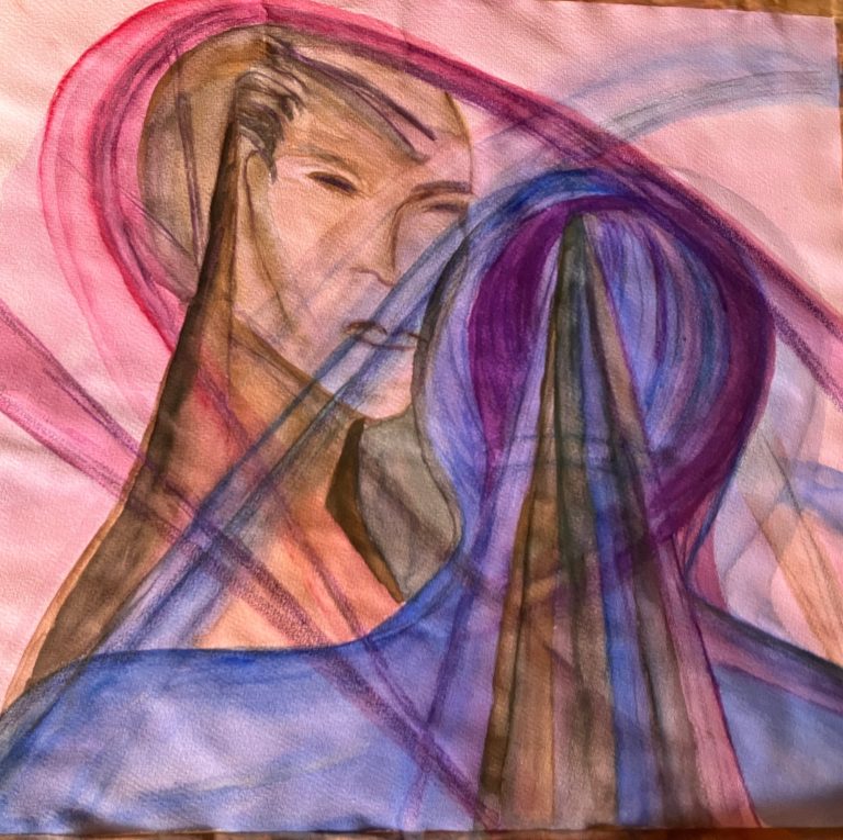 064 - BEGEGNUNG Farbiger Fine-Art-Druck eines abstrakten Acrylgemäldes von Eleonore Münchhoff mit dynamischen Linien und und geometrischen Farbflächen.