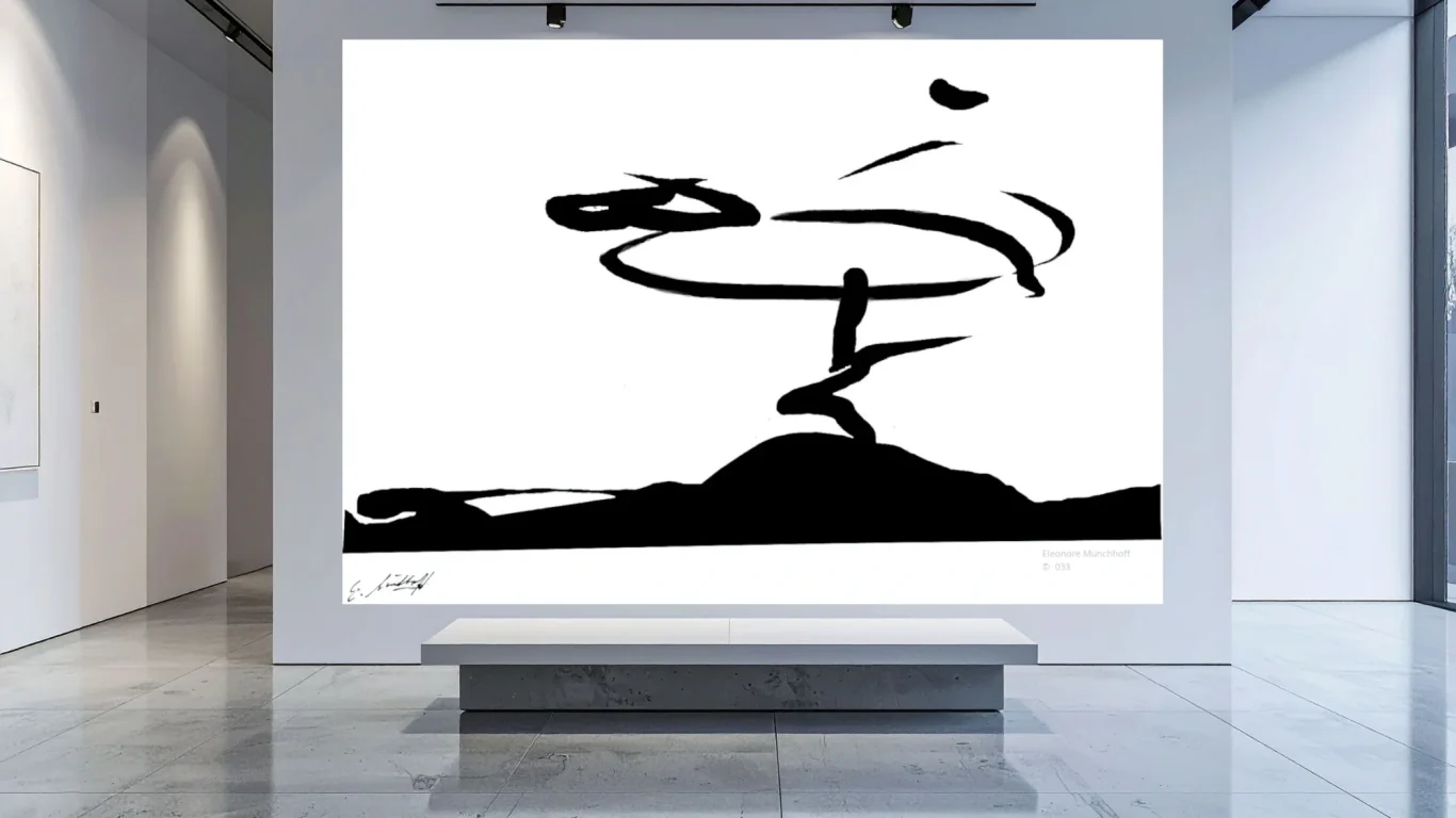Raumansicht - AUS DEM INNERN XXL‑Darstellung der abstrakten Schwarz‑Weiß‑Malerei AUS DEM INNERN von Eleonore Münchhoff als Wandbild in einer modernen Raumansicht