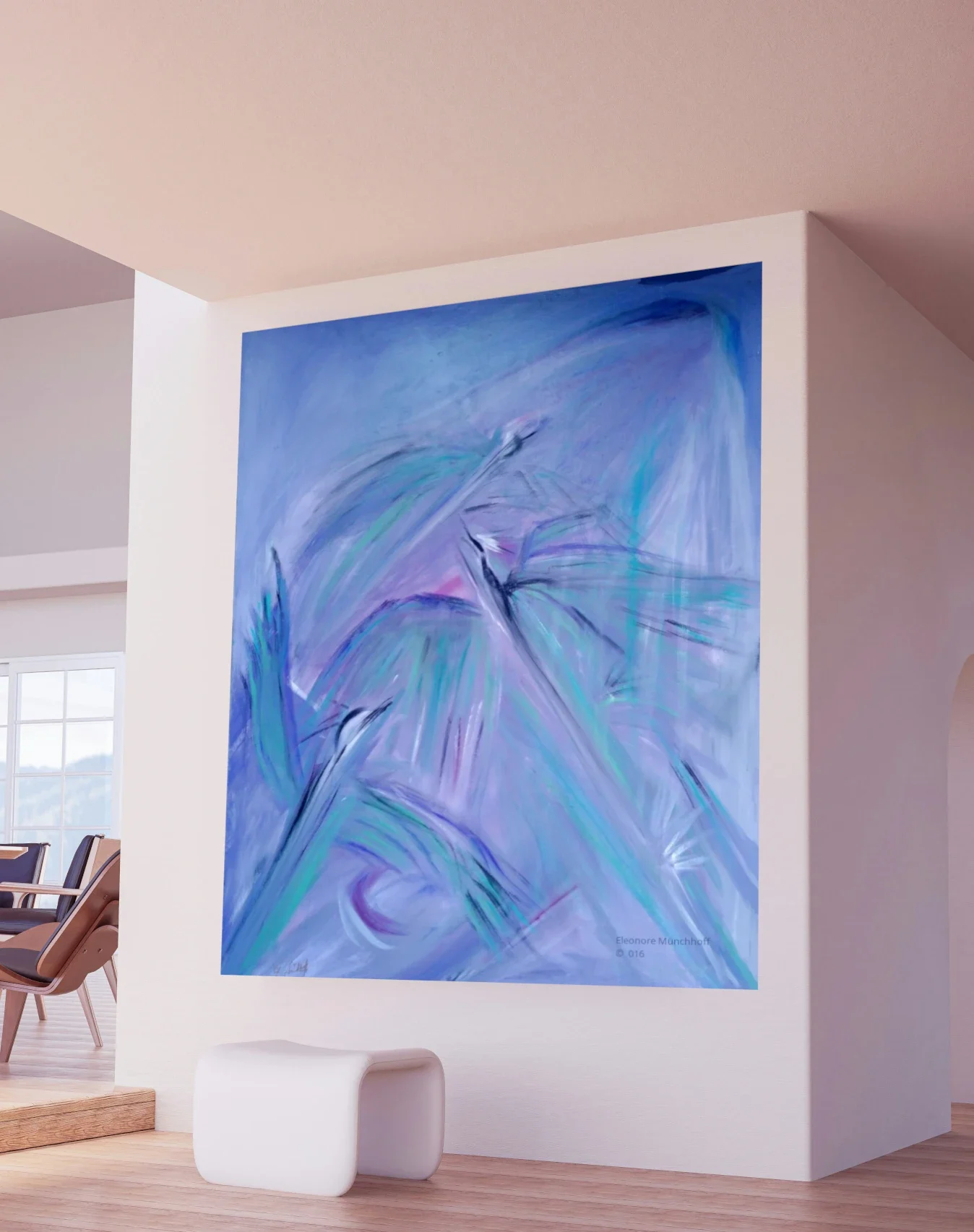 Übergroß dargestelltes abstraktes Ölgemälde HEIMKEHR DER VÖGEL als Wandbild in einer modernen Raumansicht, Beispiel für XXL‑Kunstdruck