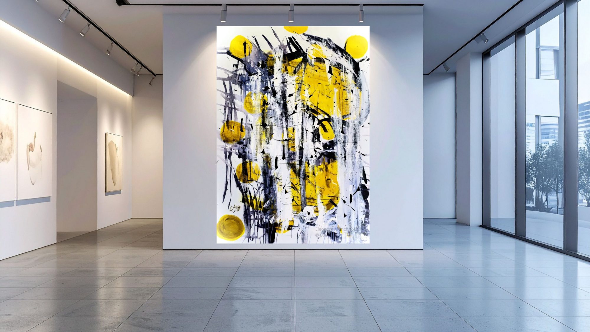 Übergroß dargestelltes  Acrylgemälde DIE GEOMETRIE DER ENERGIE als Wandbild in einer modernen Raumansicht, Beispiel für XXL‑Kunstdruck