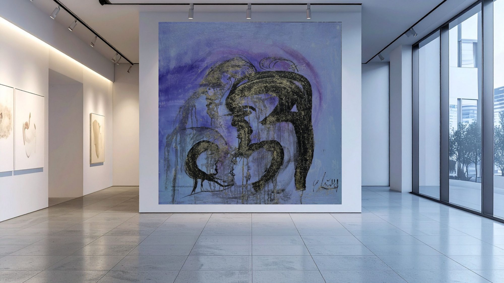 Raumansicht - FLÜSTERN ZWISCHEN UNS Übergroß dargestelltes abstraktes Acrylgemälde FLÜSTERN ZWISCHEN UNS als Wandbild in einer modernen Raumansicht, Beispiel für XXL‑Kunstdruck