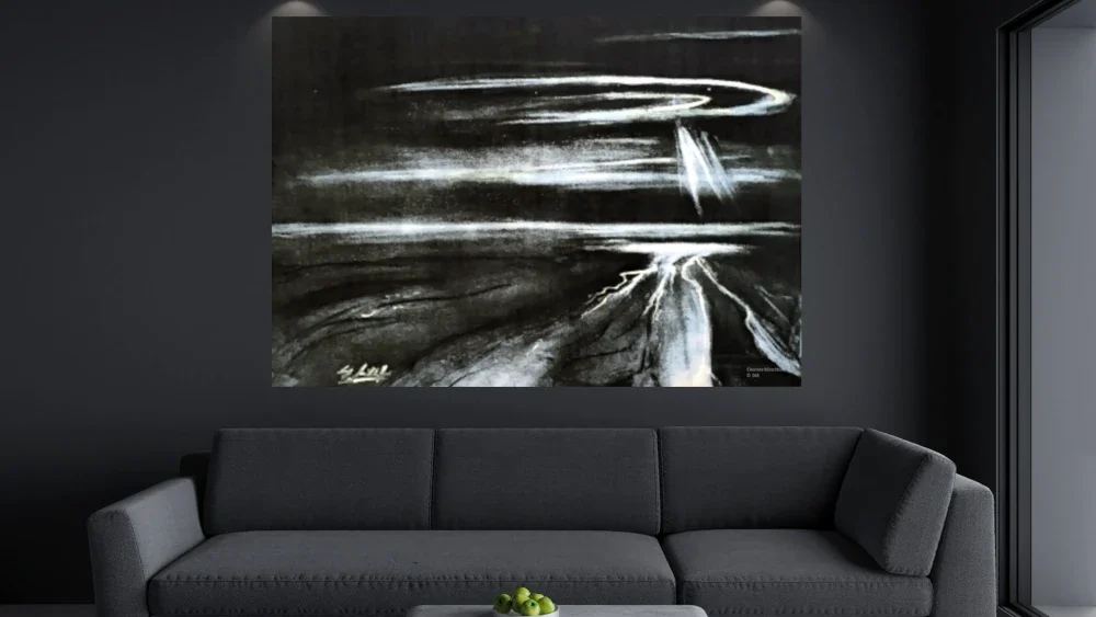Raumansicht - WEGE DES LICHTS XXL‑Darstellung des abstrakten Pastellgemäldes WEGE DES LICHTS in Schwart-Weiß als Wandbild in einer modernen Raumansicht