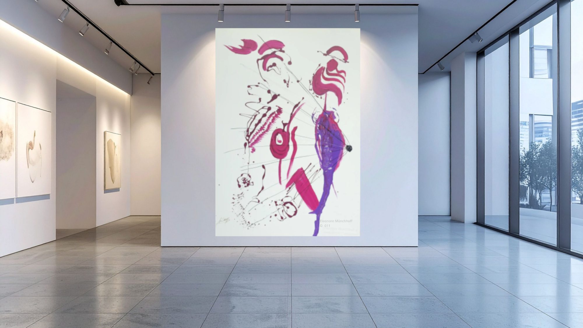 Raumansicht - JEDER IST SEIN EIGENER CLOWN Übergroß dargestelltes Acrylgemälde JEDER IST SEIN EIGENER CLOW als Wandbild in einer modernen Raumansicht, Beispiel für XXL‑Kunstdruck
