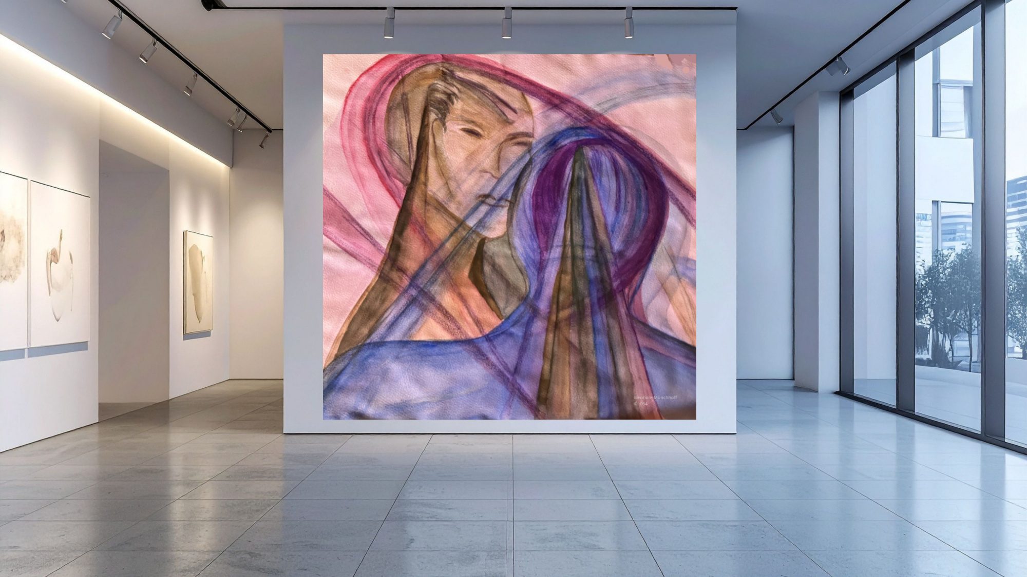 Raumansicht - BEGEGNUNG XXL‑Darstellung des abstrakten Ölkreidegemäldes BEGEGNUND von Eleonore Münchhoff als Wandbild in einer modernen Raumansicht