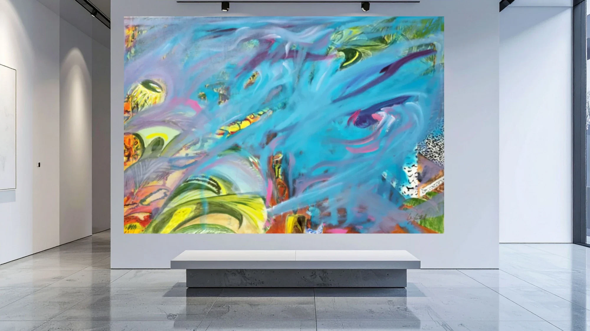 Übergroß dargestelltes abstraktes Ölgemälde KORALLENHAAUCH als Wandbild in einer modernen Raumansicht, Beispiel für XXL‑Kunstdruck