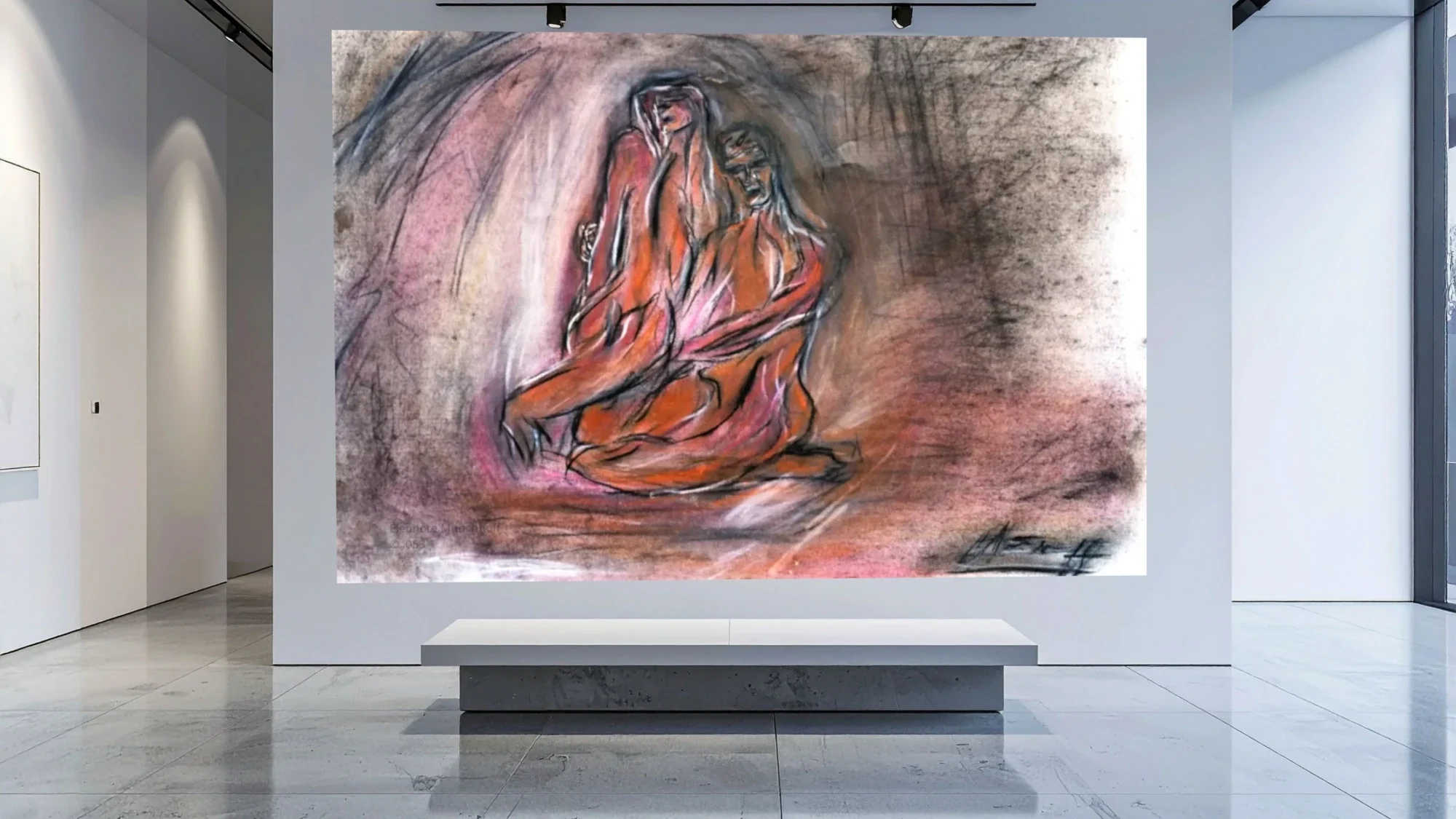 Raumansicht - LIEBESPAAR Übergroß dargestelltes abstraktes Ölkreidegemälde LIEBESPAAR als Wandbild in einer modernen Raumansicht, Beispiel für XXL‑Kunstdruck