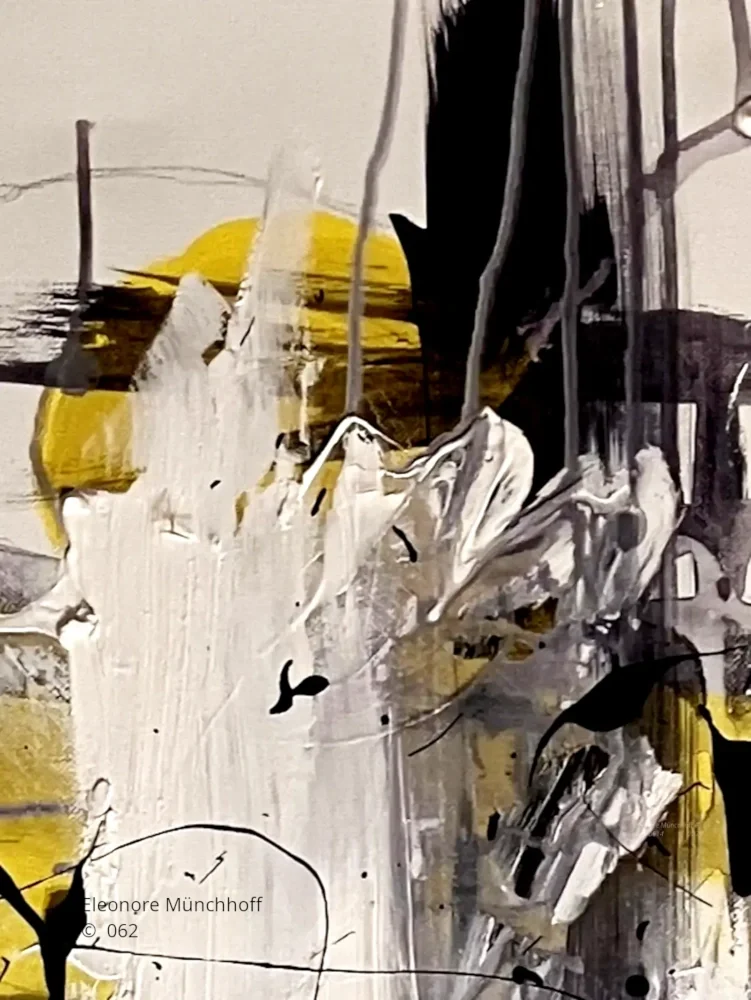 Zeitgenössische Acrylmalerei mit leuchtenden Flächen, gehalten von dunklen und hellen Spuren, die sich durch das Bild ziehen