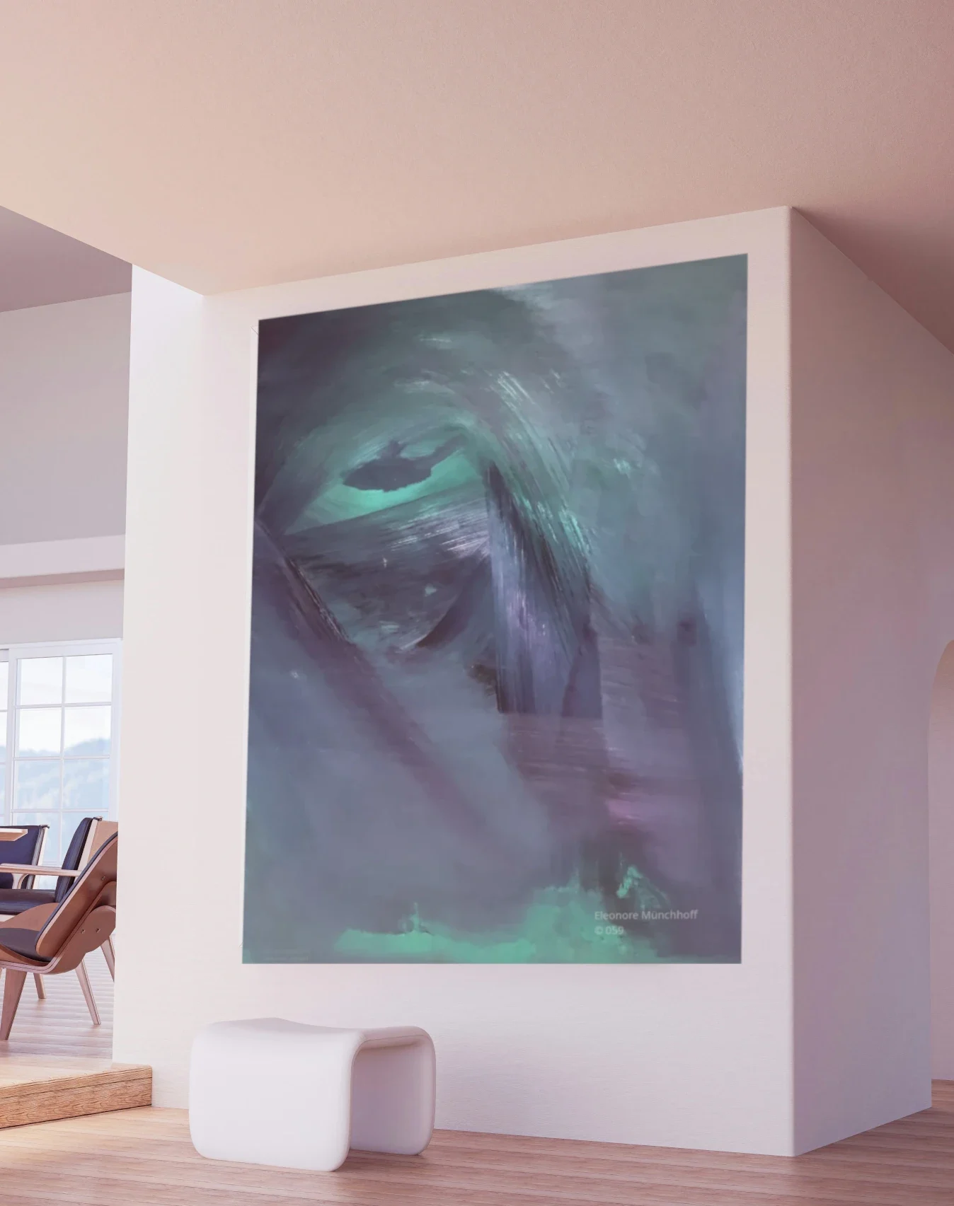 Raumansicht - IM STRUDEL DER TIEFE Übergroß dargestelltes Ölgemälde IM STRUDEL DER TIEFE als Wandbild in einer modernen Raumansicht, Beispiel für XXL‑Kunstdruck