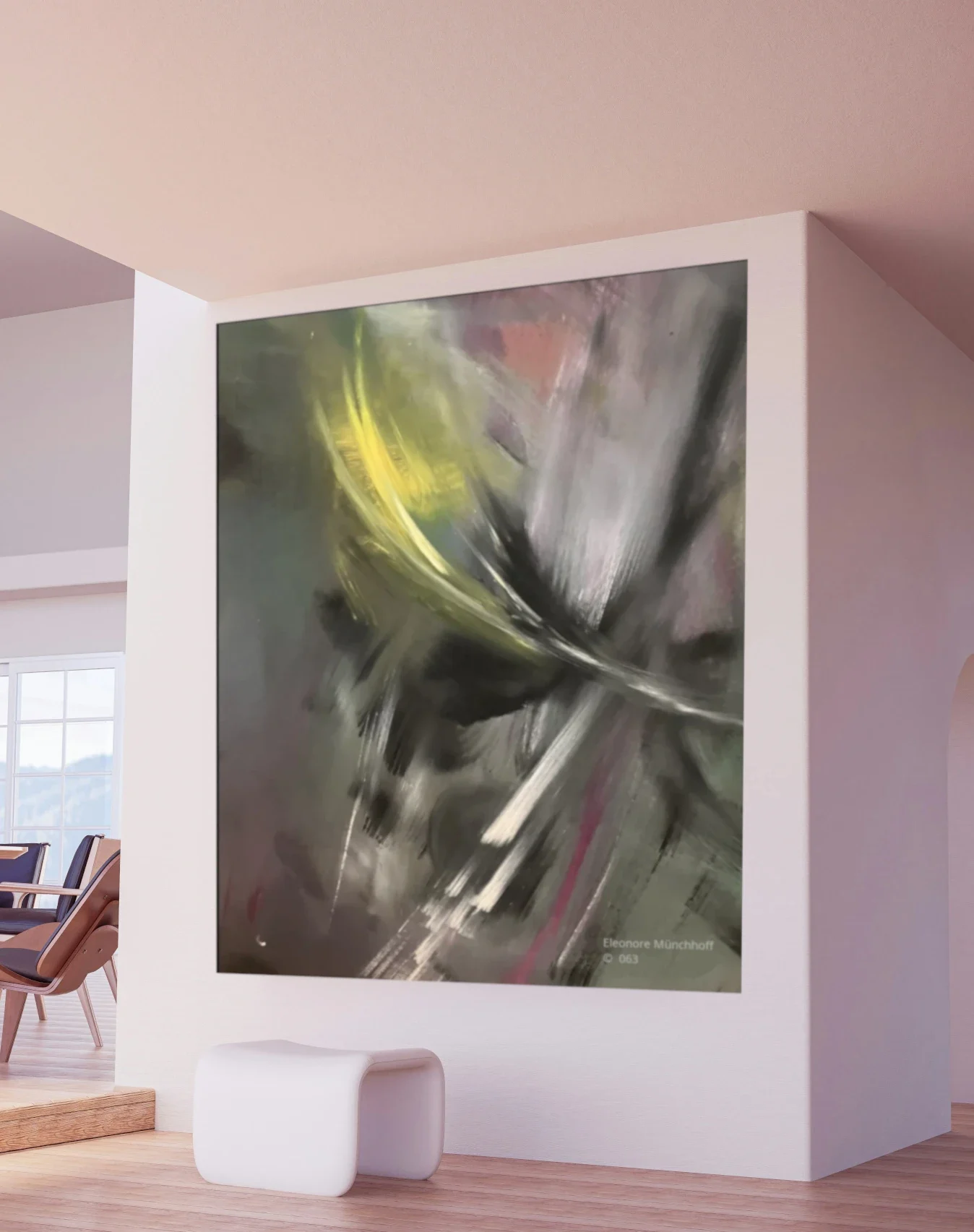 Raumansicht - GELBE FEDER Übergroß dargestelltes abstraktes Acrylgemälde GELBE FEDER als Wandbild in einer modernen Raumansicht, Beispiel für XXL‑Kunstdruck