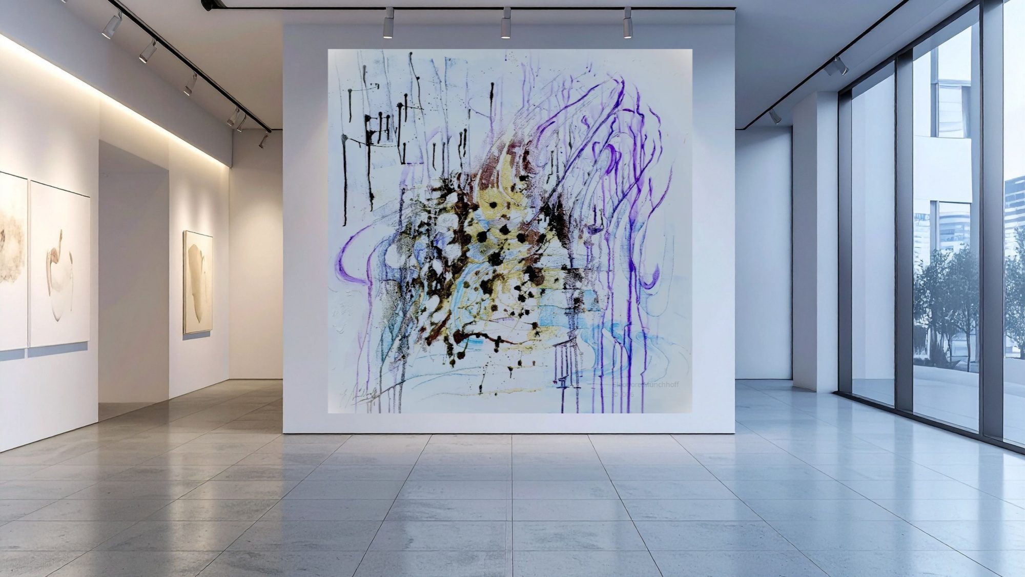 Raumansicht - ZWISCHEN REGEN UND DUNST Übergroß dargestelltes Acrylgemälde ZWISCHEN REGEN UND DUNST als Wandbild in einer modernen Raumansicht, Beispiel für XXL‑Kunstdruck