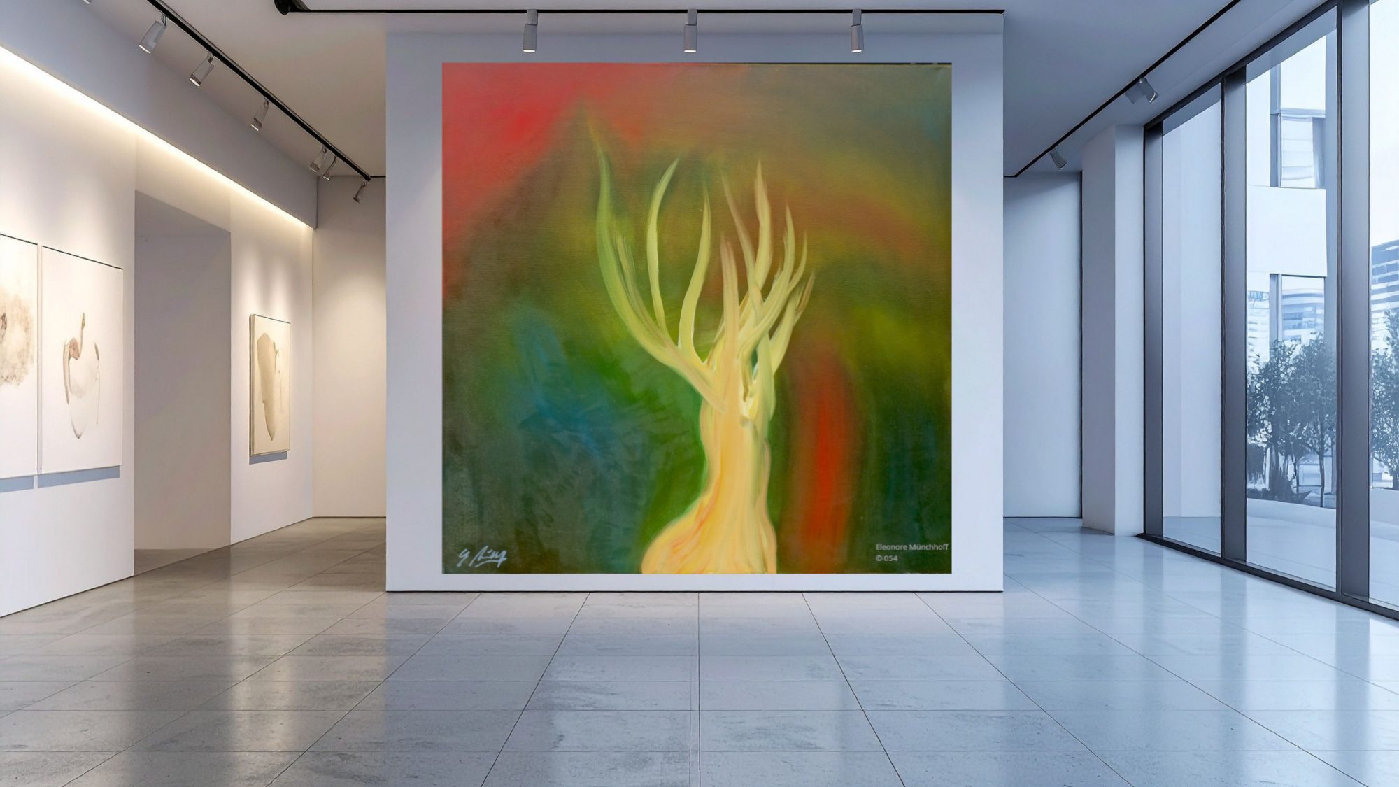 Raumansicht - DER SCHÖNE BAUM Übergroß dargestelltes abstraktes Ölgemälde DER SCHÖNE BAUM als Wandbild in einer modernen Raumansicht, Beispiel für XXL‑Kunstdruck