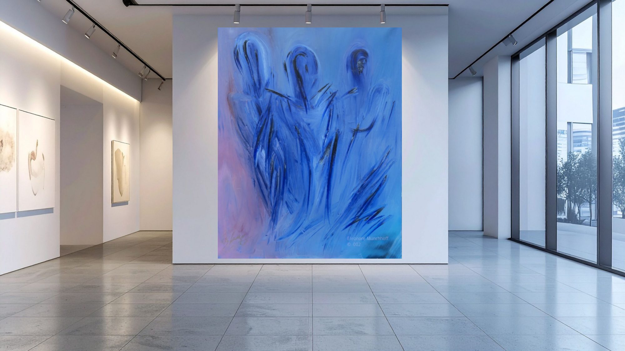 Raumansicht - ÄTHERISCHES FLÜSTERN Übergroß dargestelltes abstraktes Ölgemälde ÄTHERISCHES FLÜSTERN als Wandbild in einer modernen Raumansicht, Beispiel für XXL‑Kunstdruck