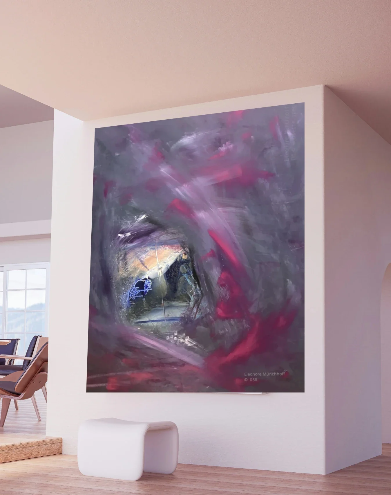 Übergroß dargestelltes abstraktes Ölgemälde HIMMELSFENSTER als Wandbild in einer modernen Raumansicht, Beispiel für XXL‑Kunstdruck