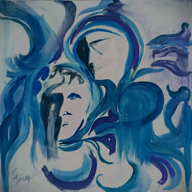 Fine-Art-Druck einer blau-violetten Malerei mit ineinander verwobenen Antlitzen und und schwebender attmosphärischer Präsenz