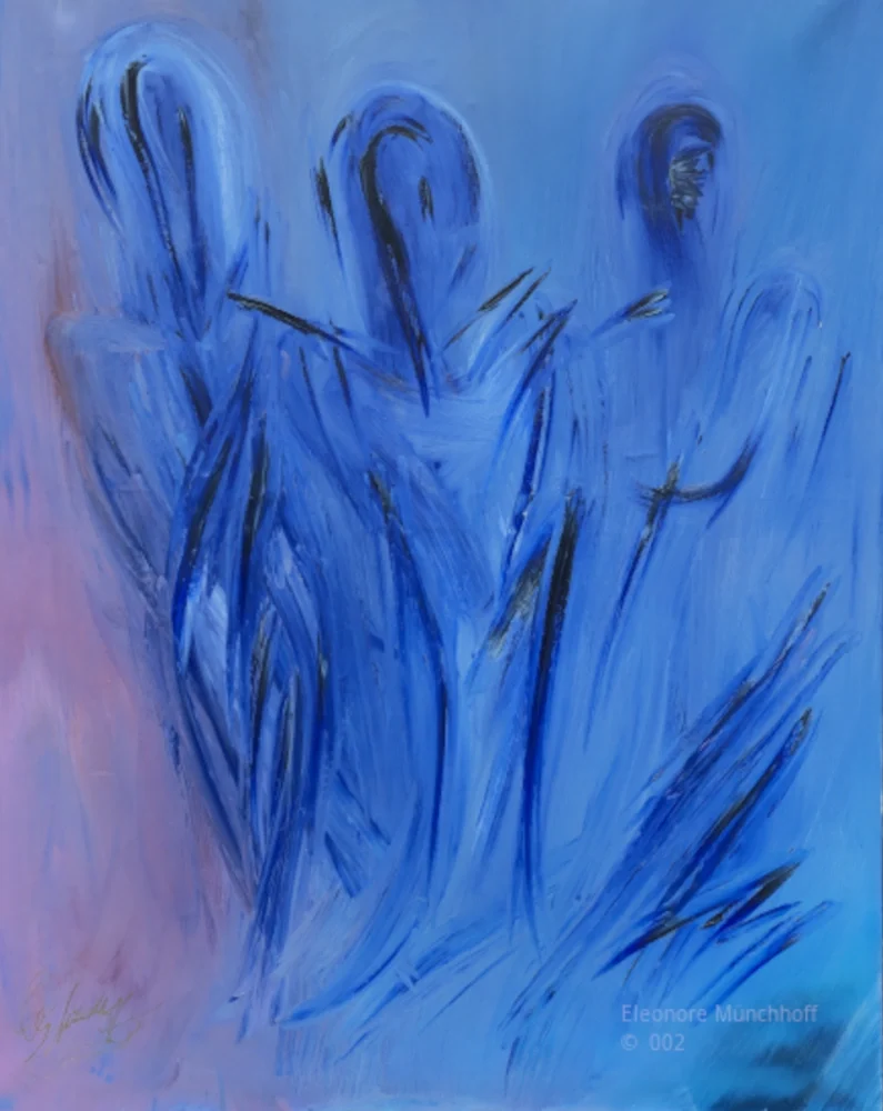 Abstrakte Malerei mit drei Figuren in blauem Raumgefüge und stiller Bewegungswirkung
